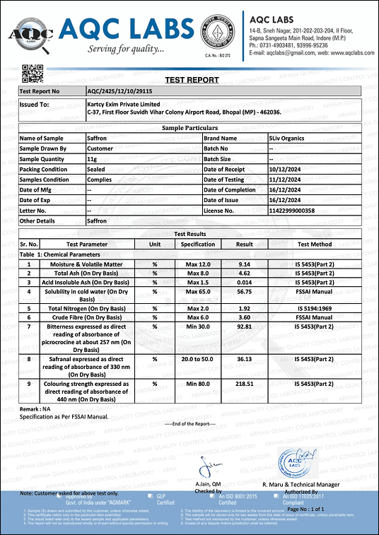 AQC Labs Test Report for Kashmiri Saffron